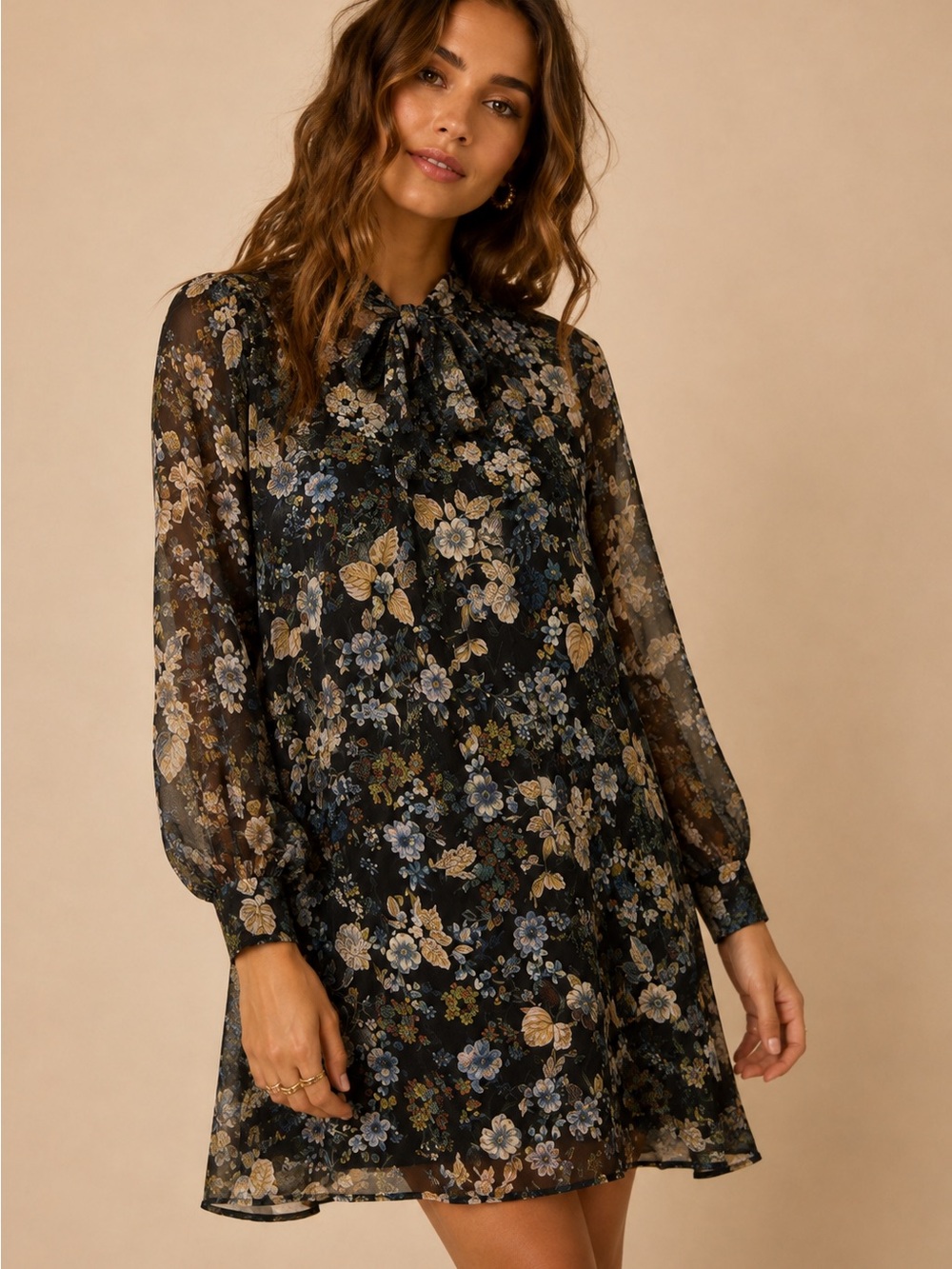 Moon River Floral Tie Neck Mini Dress Sheer Sleeve Boho Chic